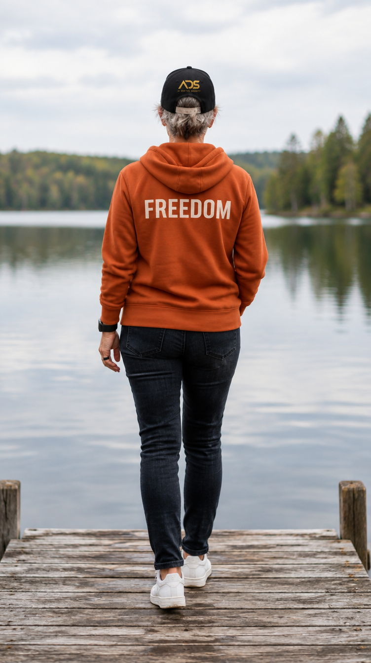 Josée from behind on a dock, FREEDOM on the back of her hoodie