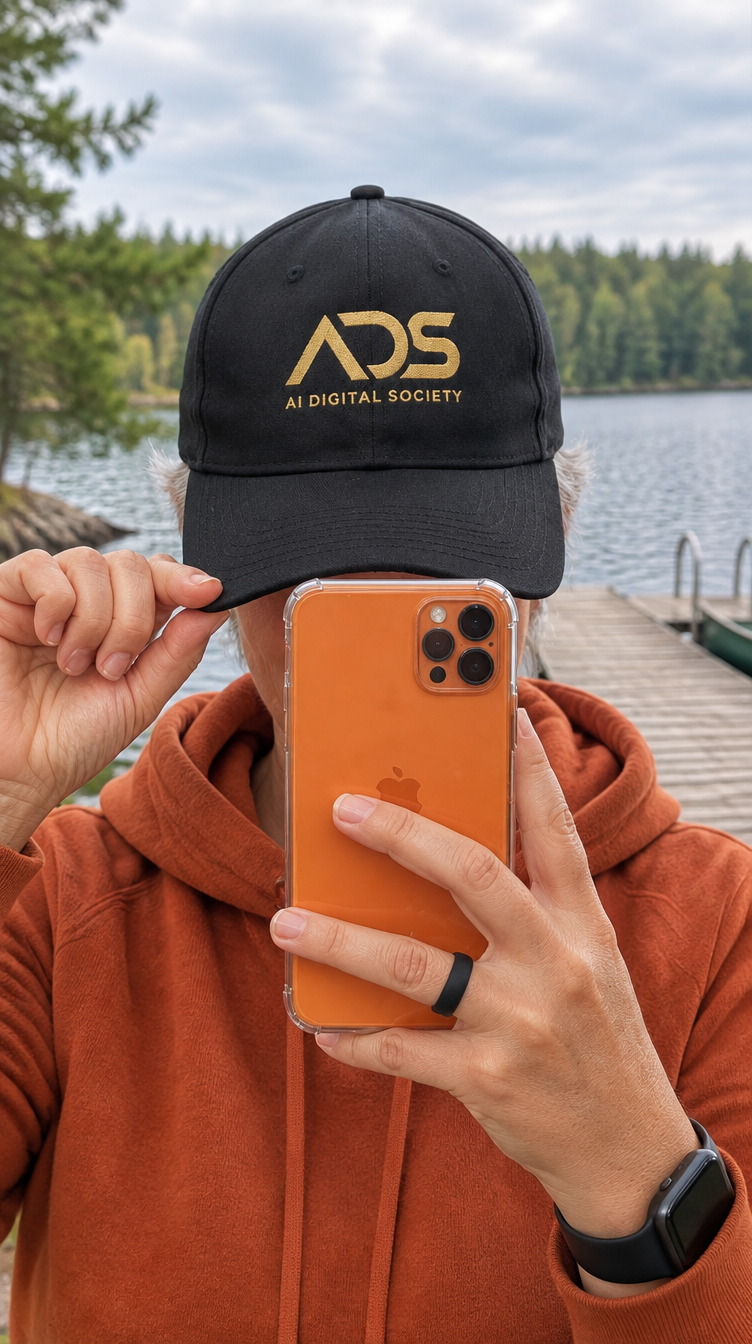 Josée, face hidden behind a black cap with the gold ADS logo, holding up an orange phone by the lake